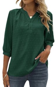 ASKSA Damen Swiss Dot Bluse 3/4 Ärmel Sommer Elegant T-Shirt V-Ausschnitt Tunika Einfarbig Chiffon Hemd, Grün, M