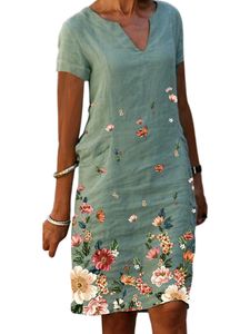 Damen Kurzarm Kleid Retro Kleider Vintage V-Ausschnitt Sommer Strand Sommerkleid hellgrün,Größe XL