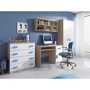 Kinderzimmer-Set Schrank Wandregal Kommode Schreibtisch blaue Griffe Jonas III 02 (Sonoma/Weiß)