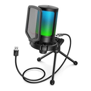 FIFINE Gaming Mikrofon PC USB Streaming Microphone mit Mikrofon Ständer, Schwarz