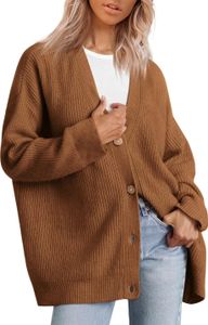 ASKSA Damen Strickjacke Strick Outwear V-Ausschnitt Vorne Offen Leicht Lockere Pullover mit Knoepfen, Braun, 3XL ASKSA Damen Strickjacke Strick Outwear V-Ausschnitt Vorne Offen Leicht Lockere Pullover mit Knoepfen, Braun, 3XL