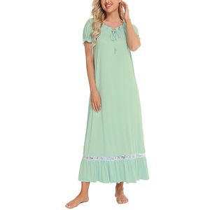 Damen Nachthemden Home Pyjama Schnürung Nachthemd Kurzarm Langes Schlafkleid Badezimmer Grün,Größe:Xl