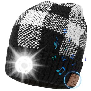 Bluetooth Mütze mit Licht, verbesserte musikalische Strickmütze mit Kopfhörer und eingebautem Stereo-Lautsprecher & Mikrofon, Winter Warm Gestrickte Musik Hut die beste festliche Geschenkeswahl (Schwarz -Weiss)