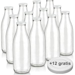 Milchflaschen 1L Smoothie Saft Flaschen 1000ml leere Glasflaschen Deckel BPA frei, 12 Milchflaschen mit 24 Deckeln