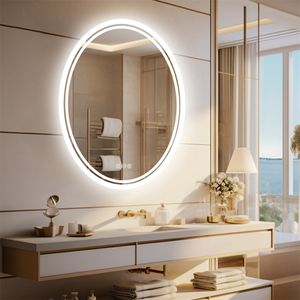 WISFOR LED Kúpeľňové zrkadlo Oválne nástenné zrkadlo s dotykovým spínačom, proti zahmlievaniu, stmievateľné pre kúpeľňu, spálňu, make-up, 50 × 70 cm, 3 farby svetla, IP65, úspora energie