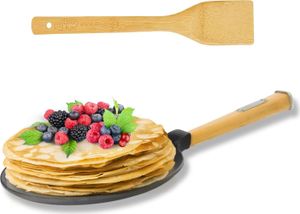 Pfannkuchen Bratpfanne aus Gusseisen 24 cm BRIZOLL mit Holzgriff abschraubbar und Pfannenwender von 4big.fun *** Pancake Crepes *** Alle Herdarten inkl. Induktion *** Crepepfanne Omlettpfanne