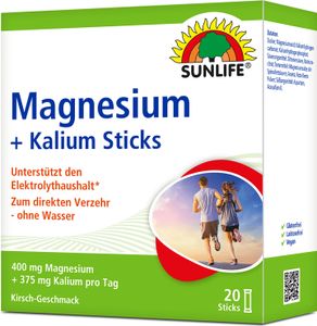 SUNLIFE® Magnesium 400 mg + Kalium Sticks 20 Stk Kirsche Elektrolyt-Gleichgewicht + 375 mg Kalium Muskeln Sport Knochenunterstützung
