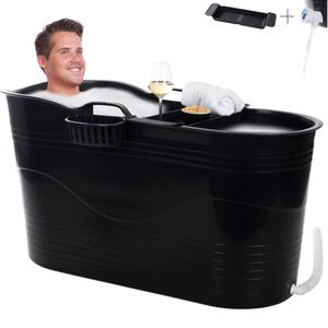 HelloBath® Mobile Badewanne für Erwachsene XL -  Ideal für das kleines Badezimmer - 122x55x64cm - Stylisch (Schwarz) - Inklusive Badewannenablage
