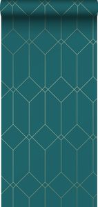 ESTAhome Tapete Art Decó Muster Gold, Grün und Blau - 139224 - 0,53 x 10,05 m