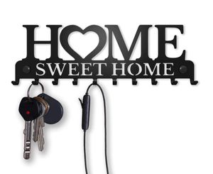 Sir Holdeer, Home Sweet Home, Wand-Schlüsselanhänger, 10 Haken, dekorativ, einfache Montage, legierter Stahl,Schlüsselbrett, schwarz, 26x9 cm