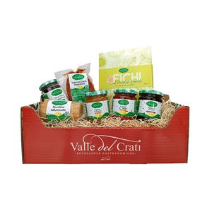 Geschenkbox mit typische Kalabrische Produkte | Ricotta, Feigen, Kürbis- und Nduja-Cremes und Schwarze Oliven  | 7 Produkte