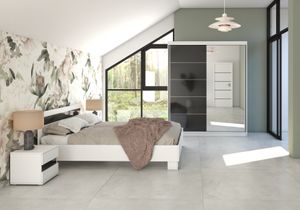 Schlafzimmer-Set Bett Kleiderschrank Nachttisch Kommode  (Weiß/Semigloss Schwarz) Maxima