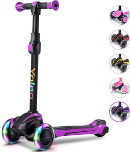 Yoleo Kinder-Roller, Kinder-Roller mit LED-Leuchträdern, Dreirad-Roller, 4 höhenverstellbar, für Jungen und Mädchen im Alter von 3-12 Jahren, bis zu 50 kg aufblasbar