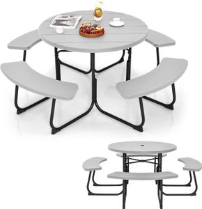 KOMFOTTEU Bierzeltgarnitur für 8 Personen, Rundes Picknicktisch Set mit Schirmloch & 4 Bänken, Gartenmöbel Set aus HDPE & Metall