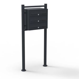 Wiltec 3er Briefkastenanlage schwarz 513 x 270 x 1150 mm, Standbriefkasten mit 3 Fächern, Schlüssel und Namensschild, Briefkasten Postkasten mit Ständer