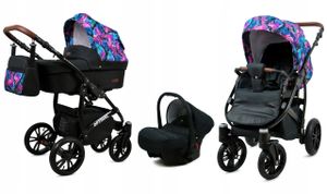 BabyLux® Optimal | 3in1 Kinderwagen Bambimo | Colorful Feathers | Kombikinderwagen | Kinderwagenset | Buggy + Babywanne + Autositz / Auto-Babyschale