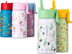 Trinkflasche Kinder 350ml - auslaufsicher Edelstahl Strohhalm Dinos Grün Vinsun