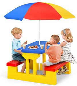KOMFOTTEU Detská sedacia súprava so slnečníkom, detský nábytok s 1 stolom a 2 lavicami, detská sedacia súprava z PP, pikniková súprava do parku na kempovanie, modrá+červená+žltá