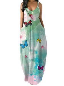 Lockeres Maxi-Boho-Kleid Mit Blumenmuster Für Damen,Farbe:Blue Butterfly,Größe:M