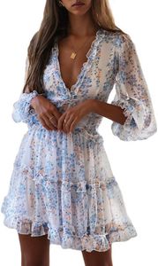 ASKSA Damen Chiffon Kleid Rückenfrei Elegant V-Ausschnitt A-Linie Flora Minikleid Strandkleid Blumenkleid, Weiß, M