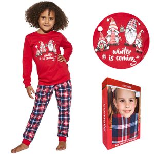 Zweiteiliger Kinderpyjama für Mädchen - Winter Schlafanzug Set mit GNOM Print - langarm Nachtwäsche in Rot - Größe 152