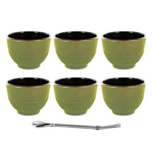 6 Tassen aus Gusseisen 15 cl Grün & Bronze + Edelstahlstrohhalm mit Filter