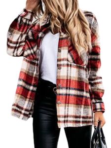 Damenmode Karierter Mantel Button-up Reverskragen Winter Warmer Mantel Outwear Tops,Farbe: rot,Größe:XXL