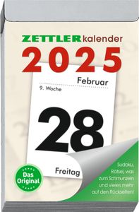 Zettler - Tagesabreißkalender 2025 L, 6,6x9,9cm mit Sudokus, Rezepten und Rätseln, Sonnen- & Mondzeiten, Namenstage und mit Aufhängung und deutsches Kalendarium