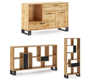 Skraut Home - Eingangs-Set Loft - Rustikales Buffet-Regal, Wohnzimmer, Beistellmöbel, Strukturfarbe Eiche, schwarze Beine