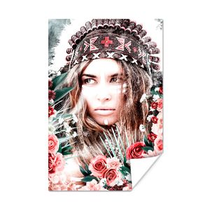 MuchoWow® Poster Frau - Blumen - Indischer Kopfschmuck - Rosen - Blumen 60x90 cm - Wanddekoration