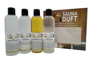 Saunaaufguss 4 x 250ml - Allgäuer Bergkräuter, Eukalyptus, Portugiesische Orange, Saunamedizin - das exklusive Set von Dufte Momente in attraktiver Umverpackung