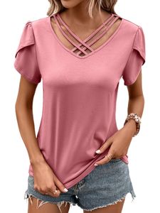 Damen T-Shirts Sommer Tops Bohemian Tunika Kurzarm Shirts Tshirts Lässig Oberteile Blass rosa grau,Größe L