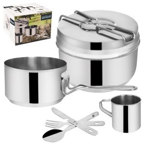 Orion Camping Kochgeschirr Set | Kochtopf, Topf, Becher und Besteck | Kochgeschirr für Pfadfinder, Militärkochgeschirr, Campinggeschirr 7-teilig