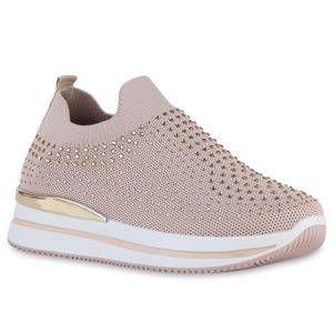 VAN HILL Damen Plateau Sneaker Strass Profil-Sohle Stoff Schuhe 840914, Farbe: Altrosa, Größe: 37