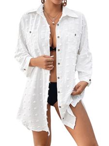 Damen Strickjacken Button Down Tops Swimsuit Cover Up Strandkleider Jacke mit Knopf Weiß,Größe M