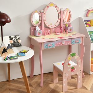 COSTWAY Kinder Schminktisch Set, Prinzessin Frisiertisch mit Klappbarem Spiegel, Schminkhocker und 3 Schubladen, Make-up Schminktisch Frisierkommode für Kinder Mädchen (Pink)