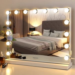 Kosmetické zrcadlo Hollywood Make-up Mirror s osvětlením, zrcadlo s dotykovým spínačem, hollywoodské zrcadlo s 15 stmívatelnými žárovkami, 3 barevné režimy, stolní zrcadlo do ložnice 58 x 46 cm, bílé