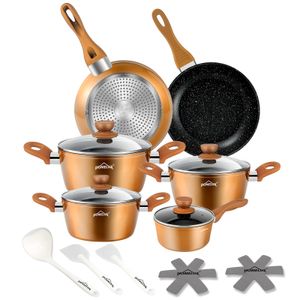 15-Tlg Topfset Pfannenset Kochtopfset Topfset Induktion, Aluminium Antihaft-beschichtete Töpfe & pfannen, 15PCS Cookware Gold(2208PS10C)