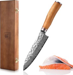 Zayiko Minami Damast Santokumesser I 17,5 cm Klinge I Olivenholzgriff I Holzbox Zayiko Minami Damast Santokumesser I 17,5 cm Klinge I Olivenholzgriff I Holzbox