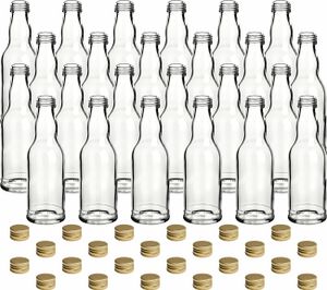 gouveo 24er Set Glasflaschen 200 ml Kropfhals mit Deckel goldfarben - Kleine Flasche zum Befüllen - Leere Schraubflasche für Likör, Saft, Smoothie