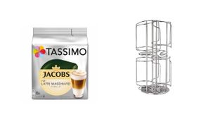 Kapselständer, Kapselhalter "Tassimo" für bis zu 48 Kapseln jedoch 6 Sorten auf kleinster Fläche und drehbar plus 1 Packung Vanilla Latte Macchiato