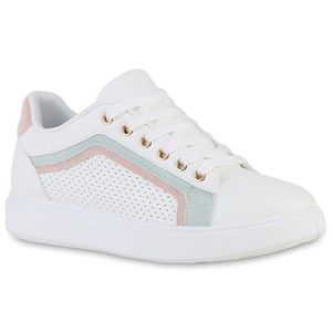 VAN HILL Damen Sneaker Low Schnürer Bequeme Stoff Schnür-Schuhe 840160, Farbe: Weiß Rosa Hellgrün, Größe: 40