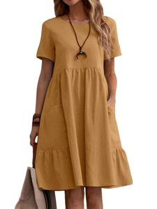 Damen Summer Blusenkleider Loose Solid Baumwolle Leinen Mit Tasche Komfortabel Kurzarm Kleid Khaki Gelb,Größe 2 Xl