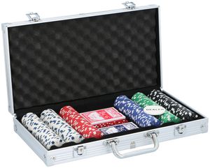 Pokerset, Poker-Set im Koffer mit Schnallenschloß, Aluminium Pokerkoffer mit 300 Chips, Spielkarten und Würfel für 4-5 Spieler, Multicolor