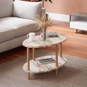 Couchtisch 'Højreby' oval Beine aus Buchenholz 70 x 44 x 43 cm Marmoroptik, creme