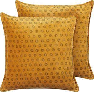 BELIANI Zestaw 2 poduszek żółte welurowe 45 x 45 cm wykonane drukiem blokowym wzór geometryczny dodatek boho
