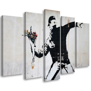 Feeby Leinwandbild 5-teilig auf Vlies Banksy Graffiti Kunst Blumen 150x100 Wandbild Bilder Bild