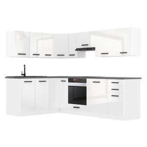 Belini Küchenzeile Küchenblock Küche L-Form JANET Küchenmöbel mit Griffe, Einbauküche ohne Elektrogeräten mit Hängeschränke und Unterschränke, ohne Arbeitsplatten, Weiß Hochglanz
