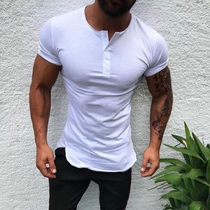 Herren Rundkragen Tops Kurzarm Freizeit T-Shirt Bluse Pullover Tunika Knöpfe,Farbe: Weiß,Größe:XL