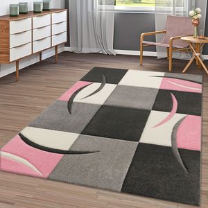 Moderner Teppich Wohnzimmer Kariert Trendig Pastell Pink Beige Grau Creme Größe 200x290 cm